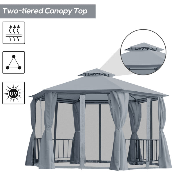 Outsunny 13ft Hexagon Gazebo Outdoor Canopy Shelter with Netting and Shaded Curtains Gray |