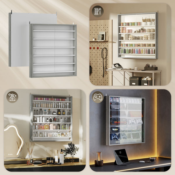 Vitrine à 7 niveaux en verre avec 2 portes vitrées et 6 étagères réglables, grise
