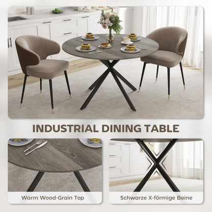Table de cuisine ronde pour 4 personnes avec pieds en acier, grain de bois gris et noir