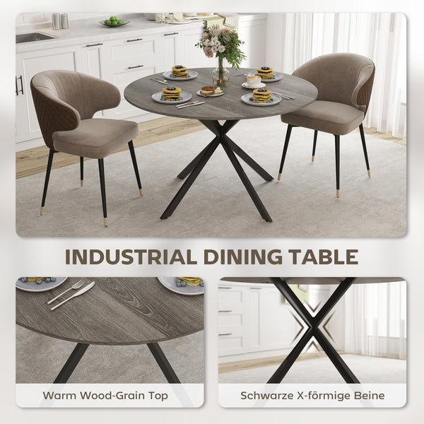 Table de cuisine ronde pour 4 personnes avec pieds en acier, grain de bois gris et noir