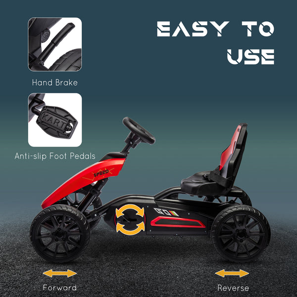Kart à pédales pour enfants, godet réglable, frein à main, pour les 3-8 ans, rouge