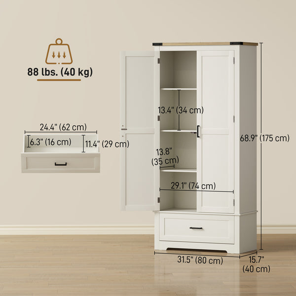 Armoire de cuisine de style ferme avec 2 portes, un tiroir et des étagères réglables, blanc crème