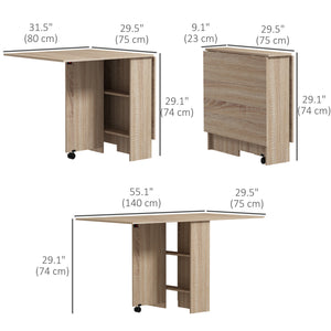 Table pliante pliable avec étagères à 2 niveaux et roulettes, bois naturel