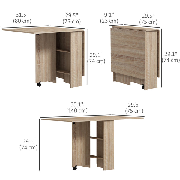 Table pliante pliable avec étagères à 2 niveaux et roulettes, bois naturel