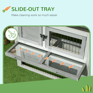 Wooden hutch with ramp, opening roof, and pull-out tray, light gray