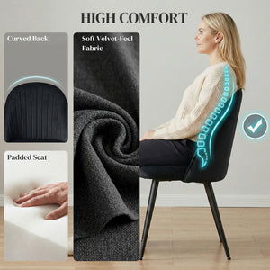 Set of 4 modern dining chairs with metal legs, shell back, and upholstered seat, black.