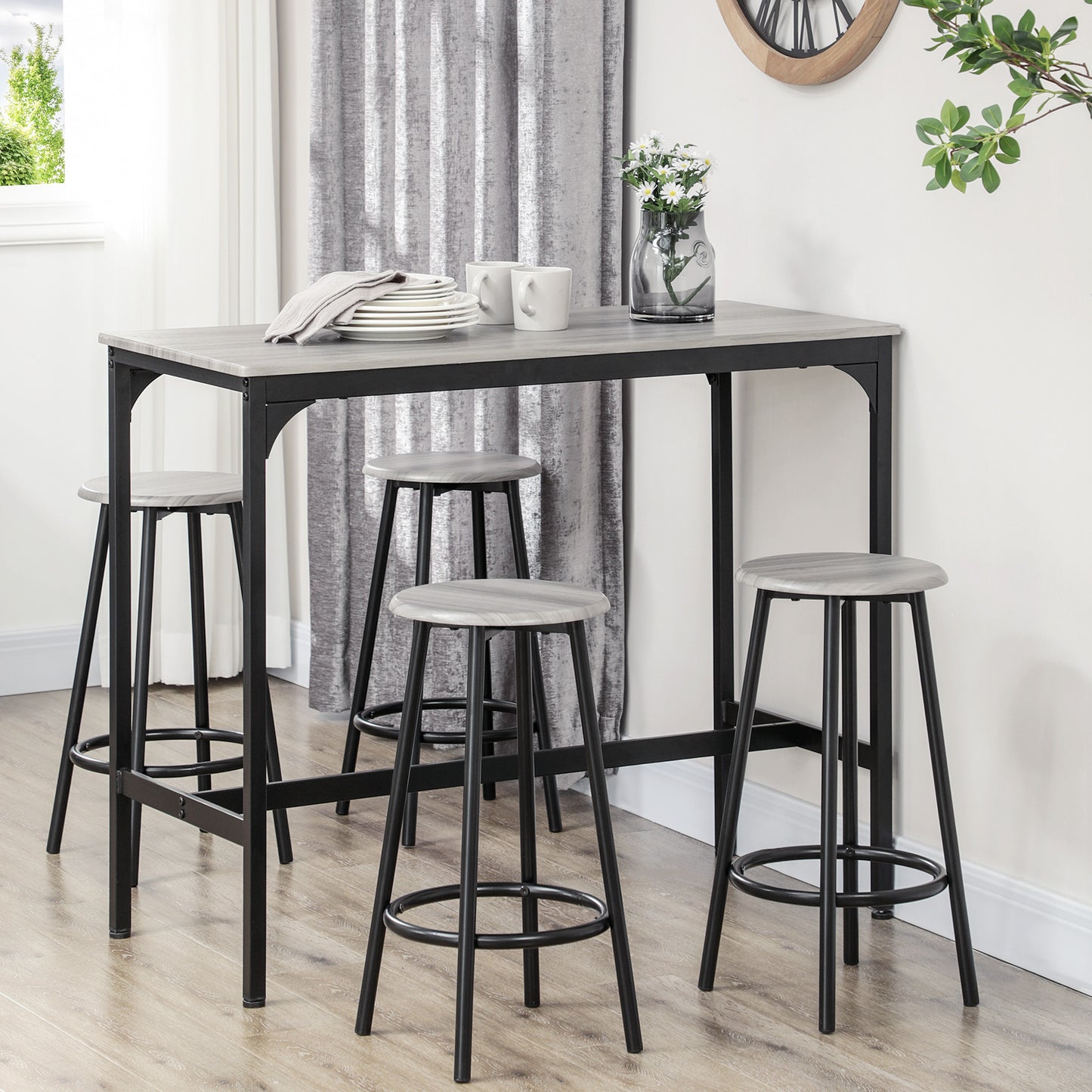 HOMCOM 5 Piece Counter Height Bar Table and Chair Set, Dining Table and Chairs for 4, Pub Table and Chairs