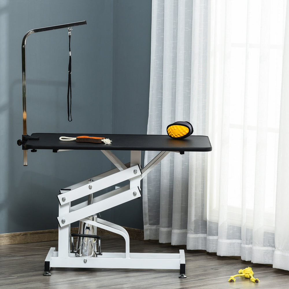 Table de toilettage pour animau à hauteur réglable avec accoudoir, laisse et surface antidérapante, noire