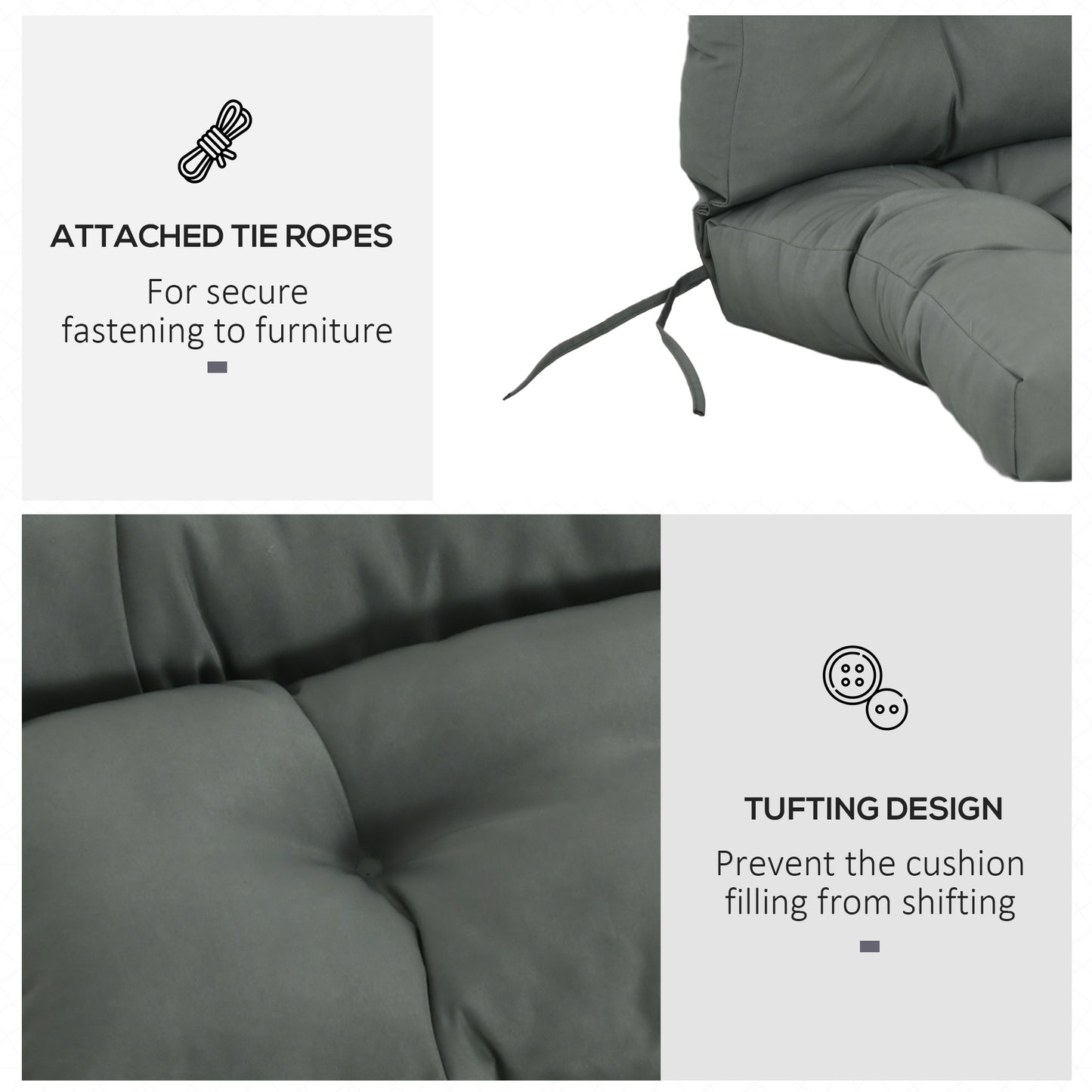 Coussin de remplacement pour chaise de patio d'extérieur, coussin touffeté avec rembourrage épais et attaches en corde, gris foncé