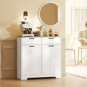 Armoire à poubelle basculante 13 gallon avec 2 tiroirs, étagères de porte et étagères réglables, blanche.