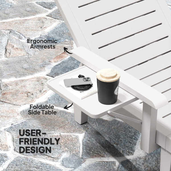 Set of 2 Tanning Chair, 5 Positions Adjustable Outdoor Lounge Chairs with Foldable Side Table, White