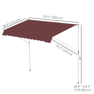10x5ft Patio Sun Shade Canopy Manual Retractable Awning with 5.6-9.2ft Support Pole for Window, Door, Porch, Wine Red