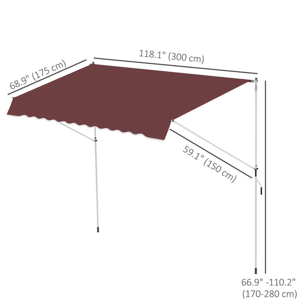 10x5ft Patio Sun Shade Canopy Manual Retractable Awning with 5.6-9.2ft Support Pole for Window, Door, Porch, Wine Red