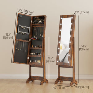 Armoire à bijoux autoportante avec miroir éclairé, angle réglable et 16 LED, couleur marron rustique