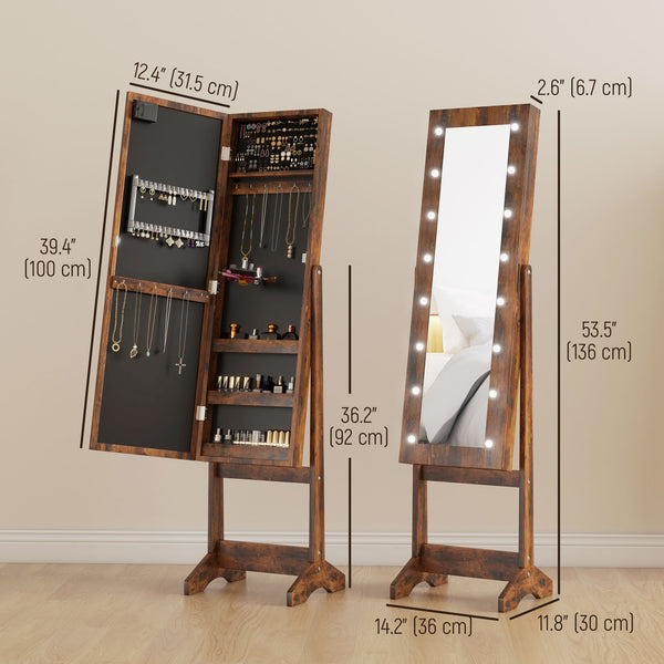 Armoire à bijoux autoportante avec miroir éclairé, angle réglable et 16 LED, couleur marron rustique