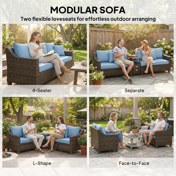 Ensemble de salon de jardin modulable en résine tressée PE, 4 places, avec 2 causeuses, coussins et oreillers, bleu.