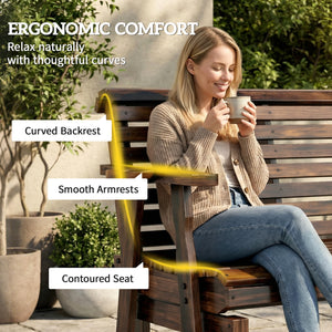 Outdoor Wooden Rocking Bench with 2 Cup Holders, Slat Seat, and Armrests