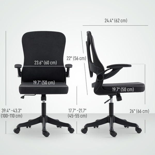 Ergonomic swivel office chair with adjustable lumbar support and height, flip-up armrests, casters, black