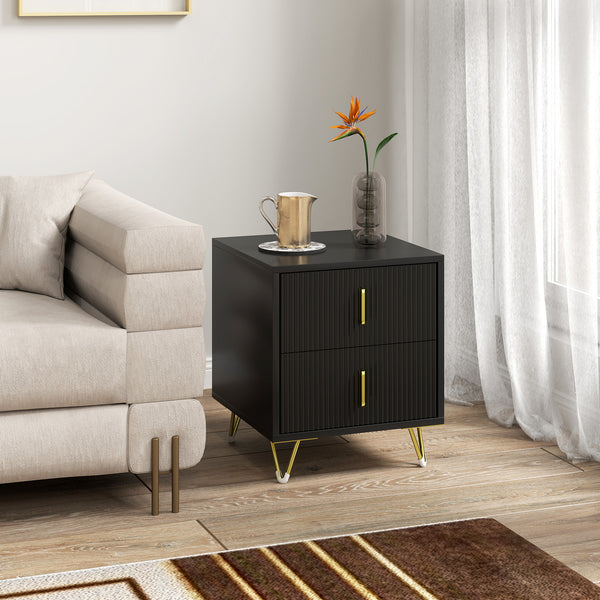 Table de chevet moderne avec 2 tiroirs et pieds en métal, noir