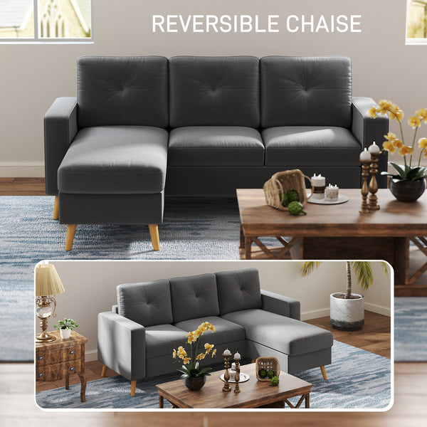 Sectional Sofa with Reversible Chaise Lounge, Wooden Legs for Living Room, Bedroom, Dark Gray