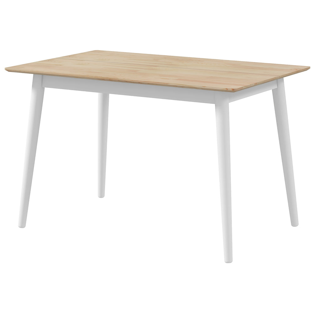 Table de salle à manger de style campagnard, avec structure en pin, couleur naturelle.