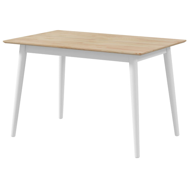 Table de salle à manger de style campagnard, avec structure en pin, couleur naturelle.