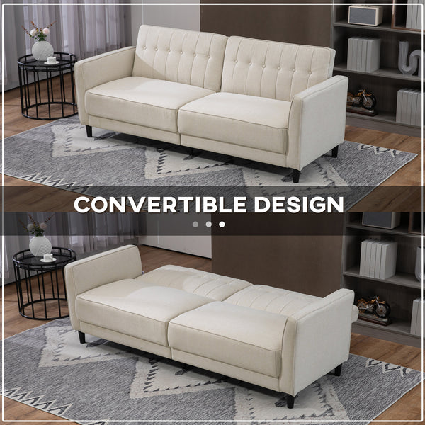 Canapé-lit convertible en tissu capitonné avec dossier réglable, beige