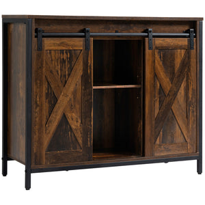 Buffet industriel avec portes coulissantes de style grange, couleur marron rustique.