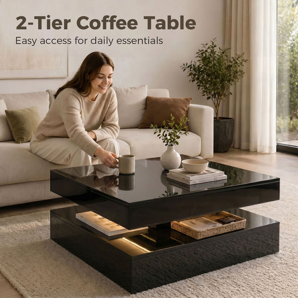 Table basse LED avec rangement à 2 niveaux avec étagère ouverte et télécommande pour salon, noir brillant