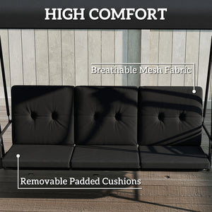 3-Seat Outdoor Porch Swing Patio Swing with Adjustable Canopy, Side Tray, Removable Cushion for Garden, Poolside, Black