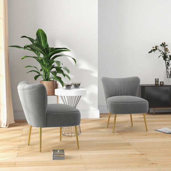 Lot de 2 fauteuils en velours avec pieds en acier doré et dossier capitonné, gris