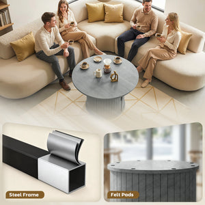 Table basse ronde avec base cannelée et rangement caché à porte coulissante – Gris ciment