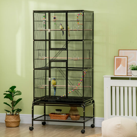 Cage à oiseaux avec roulettes, perchoirs, rampe, étagère de rangement, jouets pour canaris, pinsons, calopsittes et perruches, noire