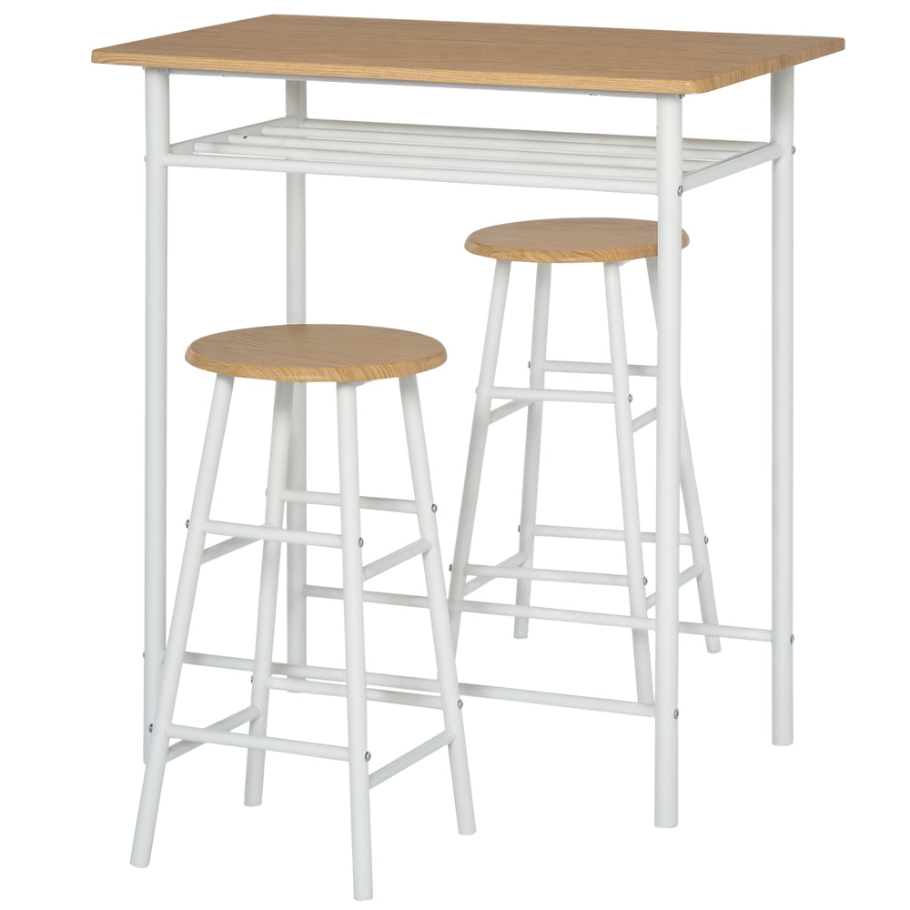 3-Piece High-Top Table Set with Storage Shelf and Metal Footrest, White and Oak