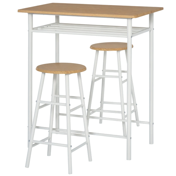 Ensemble table haute 3 pièces avec étagère de rangement et un repose-pieds en métal, blanc et chêne