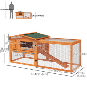 Wooden hutch with removable tray, opening roof, waterer, and run