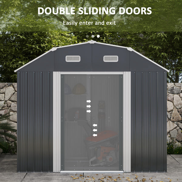 Abri de jardin galvanisé avec étagères réglables, double porte coulissante et aérations