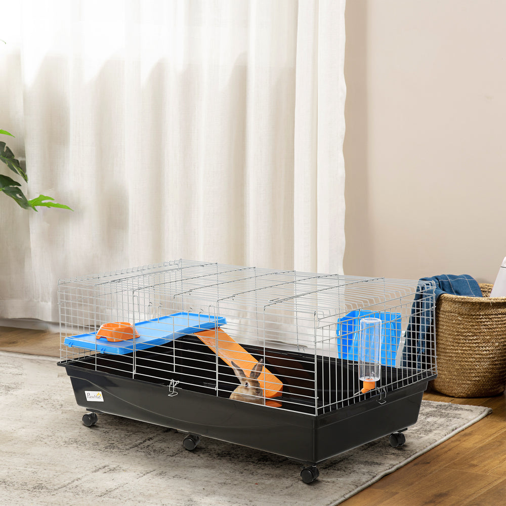 47" Rolling cage with a feeding bowl, a water bottle and an access ramp