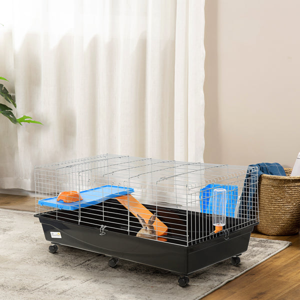 Cage à roulettes 47" avec une gamelle, un biberon et une rampe d'accès