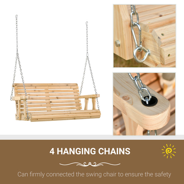 2 Seater Porch Swing Wooden Patio Swing Chair Seat with Cup Holder and Chains Outdoor Swing Bench for Garden Yard, Natural