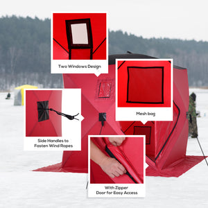 Ice fishing shelter for 2 people, foldable and with carrying bag, red.