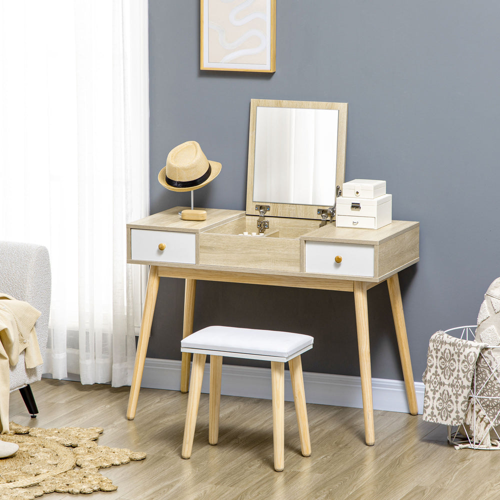 Coiffeuse avec miroir rabattable et tabouret rembourré, naturel
