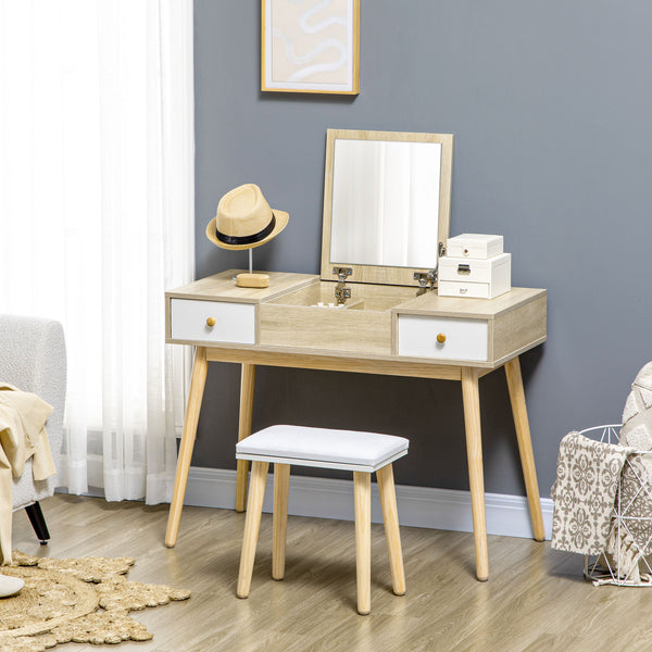Coiffeuse avec miroir rabattable et tabouret rembourré, naturel