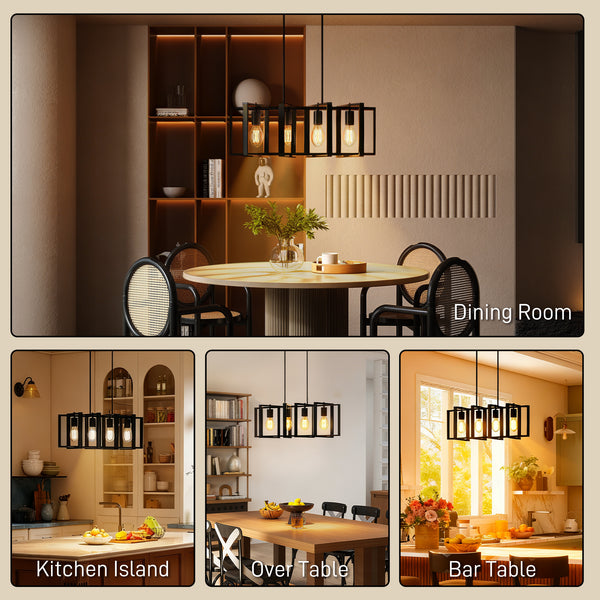 Luminaire suspendu linéaire style ferme, avec 4 abat-jour rotatifs et hauteur réglable, noir