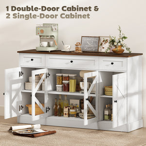 Buffet de cuisine de style campagnard avec portes coulissantes en acrylique et 3 tiroirs, finition bois blanc.