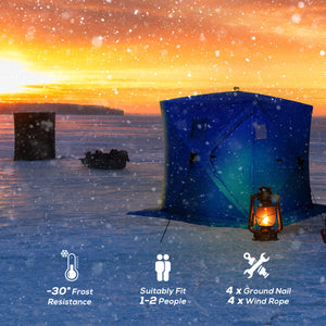 Ice fishing shelter for 2 people, foldable and collapsible, with carry bag, blue