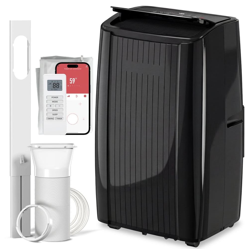Climatiseur portable 14 000 BTU 5 en 1 avec fonctions refroidissement, chauffage, déshumidification, ventilation, mode sommeil, commande vocale Wi-Fi, noir