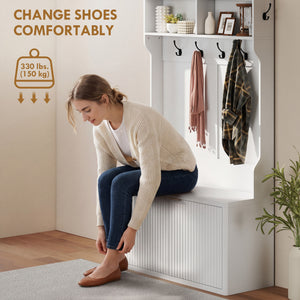 Porte-manteau 4 en 1 avec banc à chaussures intégré, étagère ouverte pour entrée, blanc