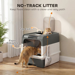 Cat Litter Box with Lid, Enclosed Kitty Litter Box with Pull-Out Drawer Tray, Scoop, 4 Deodorizing Bags, Gray