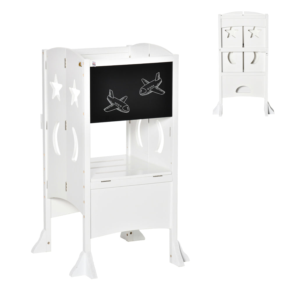 Tabouret de cuisine pliable pour tout-petits avec tableau noir et rampe verrouillable, Blanc